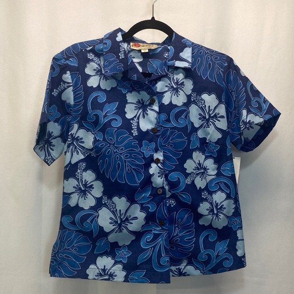 Kids Hilo Hattie Hawaiian Original Floral Aloha Shirt Blue Medium Fijian Boy NEW - Picture 1 of 8